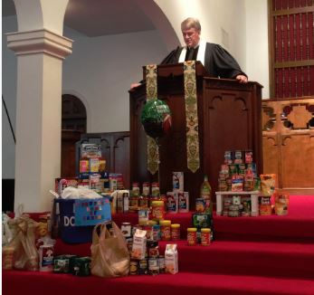 Canned goods on chancel steps